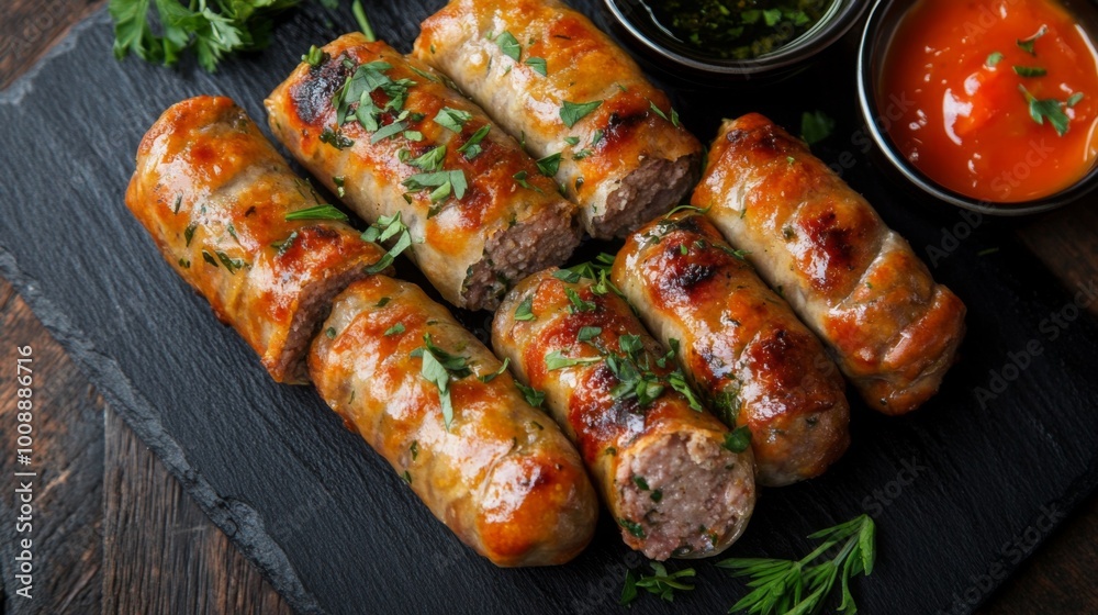 Delicious Grilled Sausages on Slate Serving Board Delicious Grilled Sausages on Slate Serving Board