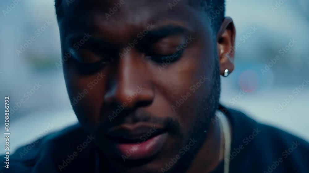 Emotional artist shares heartfelt lyrics in urban setting at dusk, reflecting on life and aspirations Emotional artist shares heartfelt lyrics in urban setting at dusk, reflecting on life and aspirations