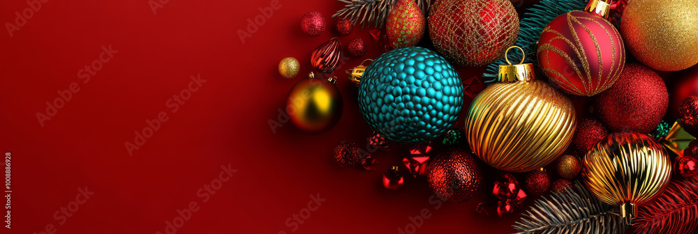 Fototapeta premium Arrangement of Christmas ornaments and holiday decorations on a red background