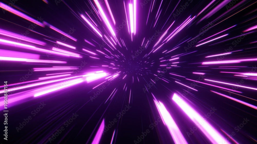 Abstract purple light rays background, a space-time tunnel effect, the speed of light. Abstract futuristic neon background.