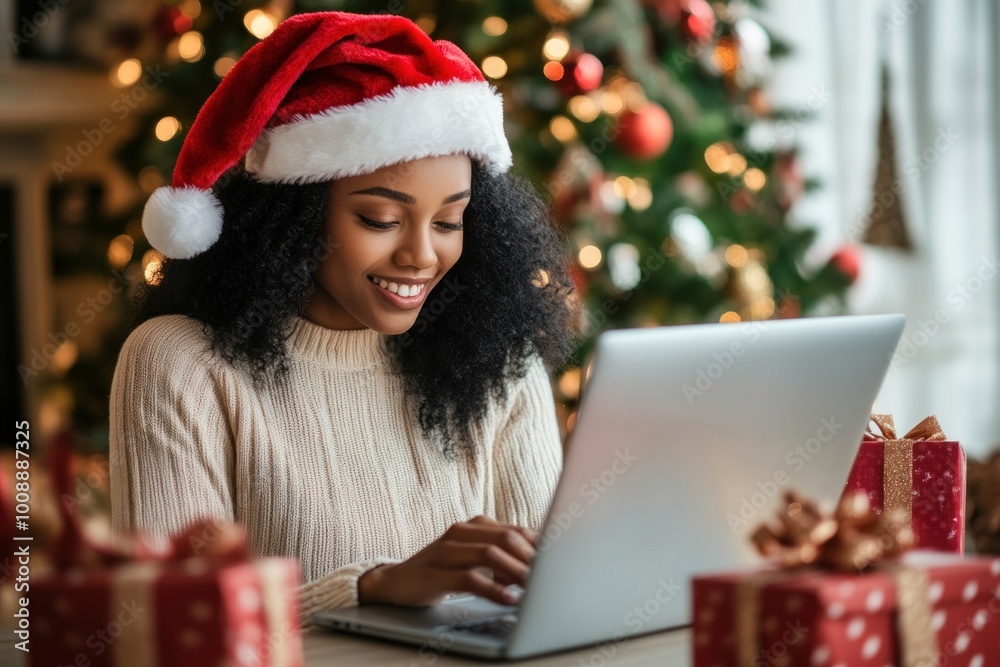 Happy African American woman orders Christmas gifts online using laptop. Online shopping concept Happy African American woman orders Christmas gifts online using laptop. Online shopping concept