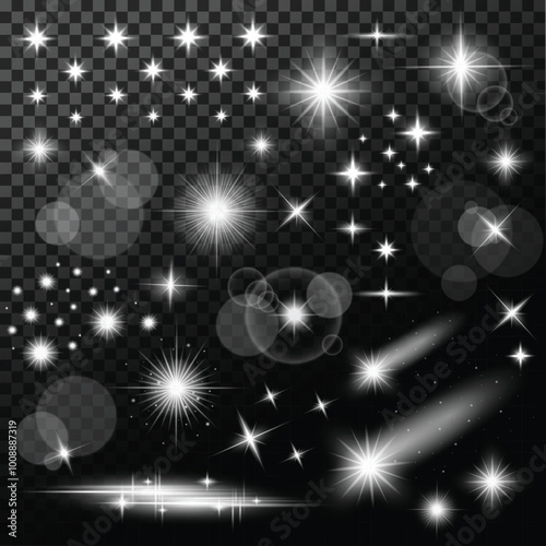 Stars and lights of various shapes on a dark background
