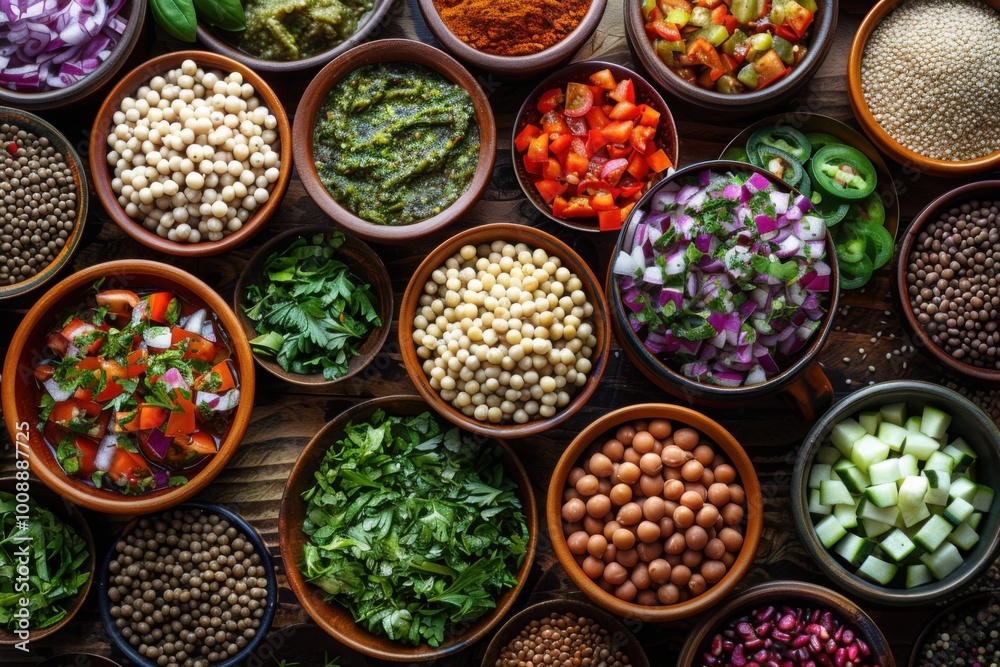 A vibrant selection of chopped vegetables, herbs, and grains in bowls, representing fresh, healthy, and plant-based ingredients for a nutritious and colorful culinary experience.
A vibrant selection of chopped vegetables, herbs, and grains in bowls, representing fresh, healthy, and plant-based ingredients for a nutritious and colorful culinary experience.