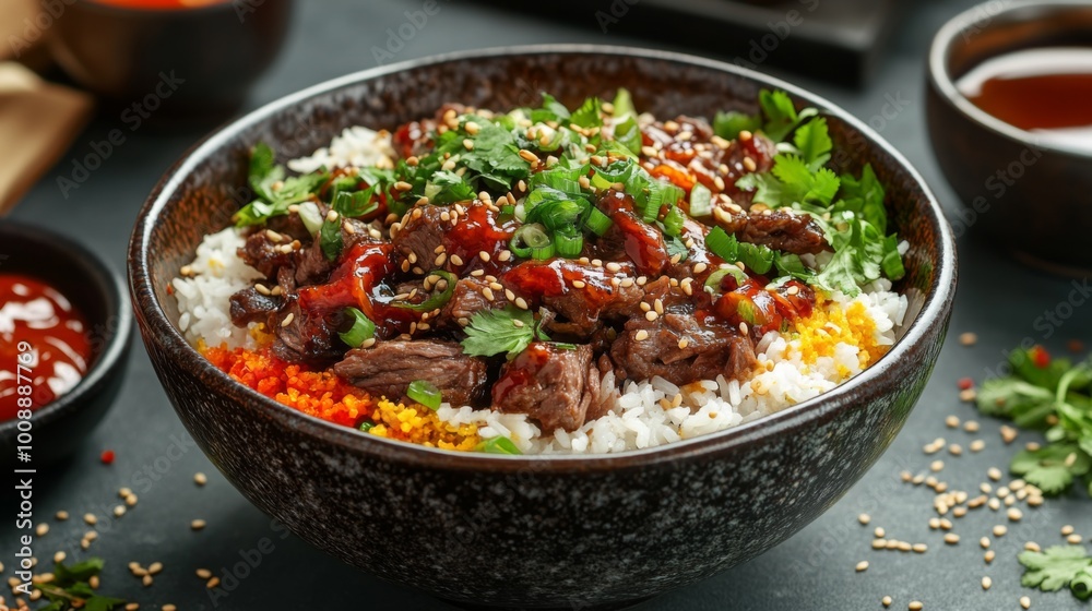 Colorful Beef Bowl with Rice and Fresh Herbs Colorful Beef Bowl with Rice and Fresh Herbs