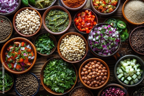 A vibrant selection of chopped vegetables, herbs, and grains in bowls, representing fresh, healthy, and plant-based ingredients for a nutritious and colorful culinary experience.