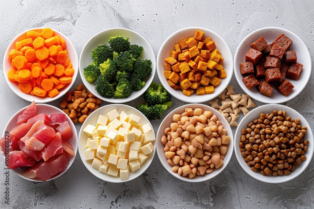 A vibrant assortment of healthy meal prep ingredients, including cubed vegetables, lean proteins, and legumes, organized in bowls, representing nutritious and balanced food choices.
A vibrant assortment of healthy meal prep ingredients, including cubed vegetables, lean proteins, and legumes, organized in bowls, representing nutritious and balanced food choices.