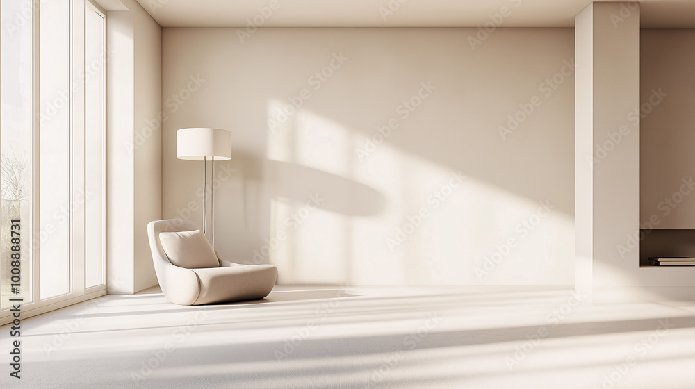 A spacious room with a soft, neutral color palette, featuring just one tall, chrome floor lamp. The absence of furniture creates a serene, minimalist vibe A spacious room with a soft, neutral color palette, featuring just one tall, chrome floor lamp. The absence of furniture creates a serene, minimalist vibe