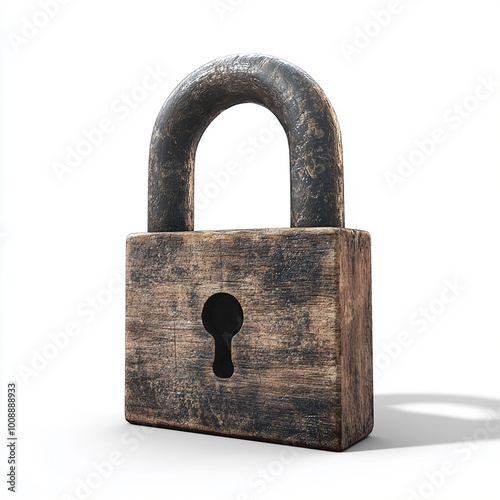 A wooden padlock with an iron keyhole on a white background