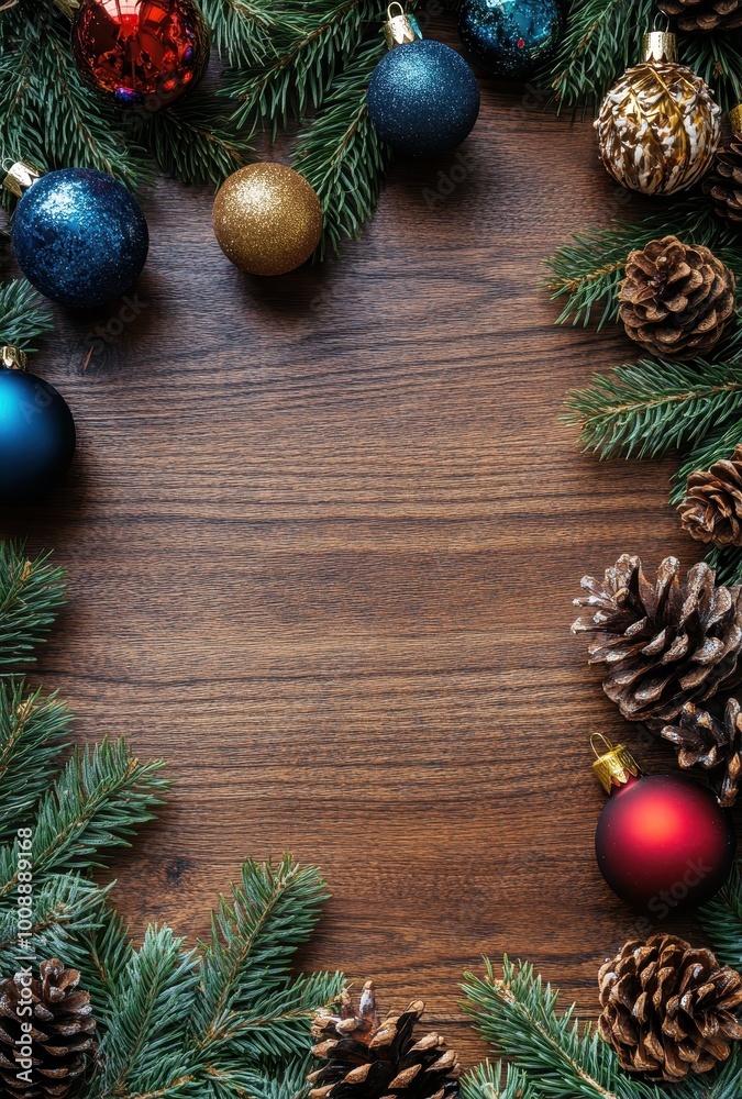 Christmas composition on a dark wooden background with pine branches, cones, and colorful balls. Christmas concept. View from above. Top view. Free space for text. Christmas composition on a dark wooden background with pine branches, cones, and colorful balls. Christmas concept. View from above. Top view. Free space for text.