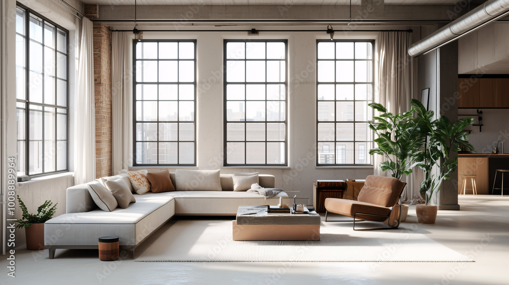 Bright and airy loft space with modern, minimal furniture and expansive windows. Neutral colors and sleek design elements create a clean, spacious atmosphere. Bright and airy loft space with modern, minimal furniture and expansive windows. Neutral colors and sleek design elements create a clean, spacious atmosphere.