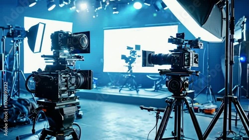 Professional video camera and film reel set in a studio, showcasing advanced technology for film and television production