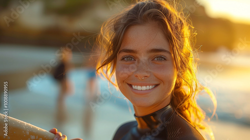 Junge Frau mit einem großen Lächeln am Strand, hält ein Surfbrett. Die untergehende Sonne erzeugt eine warme und freundliche Atmosphäre.