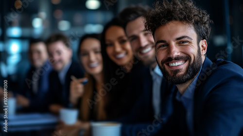  team of business men and women sitting around a sleek office desk