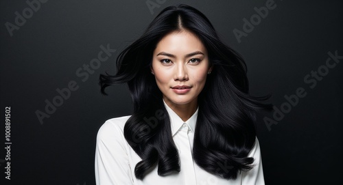 Charming Indonesian female model with luxurious hair in a closeup portrait set against a stark black backdrop