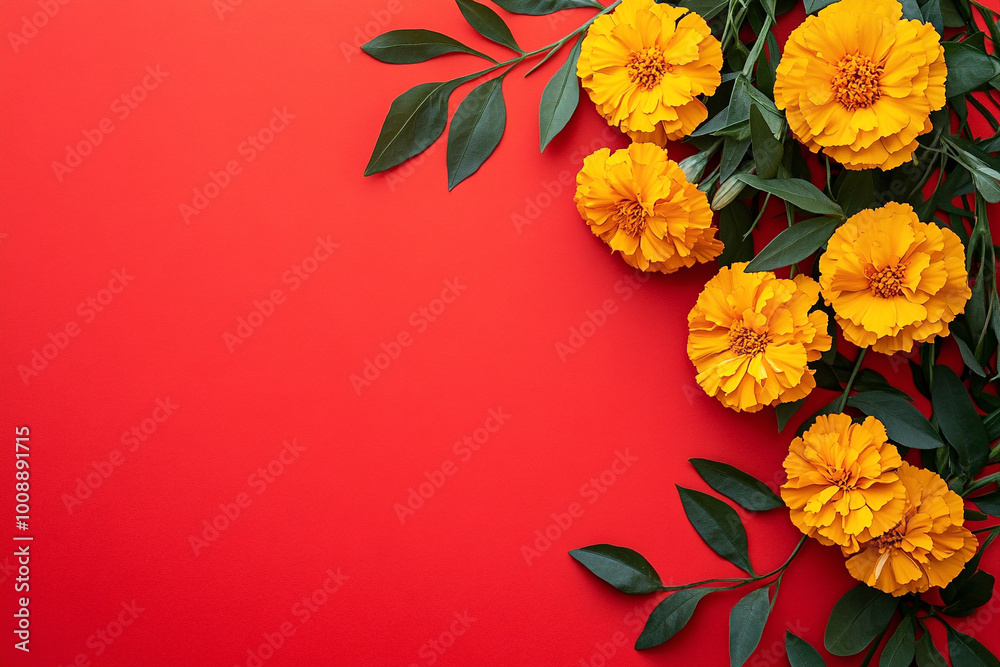 Obraz premium Marigolds on a red background.Day of the dead, Mexican holiday celebration. Hindu Puja. Festival Vishu, Ugadi or Gudi Padwa. Traditional Indian background with copy space