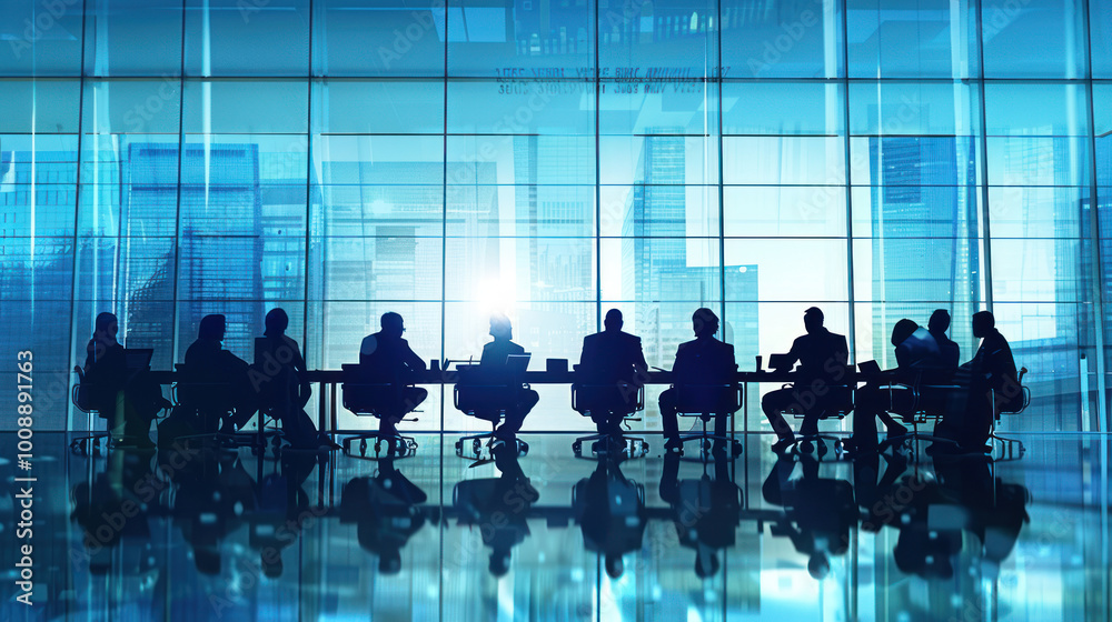 Obraz premium A group of executives in a modern boardroom, planning how to implement leadership strategies across different regions and cultural environments.