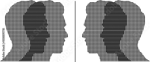 Vektor Silhouette - Kopf vom Mann im Profil - Punkte Signale Muster - Hirnforschung und Psychologie - Verhalten - Verschiedene Persönlichkeiten und Rollen