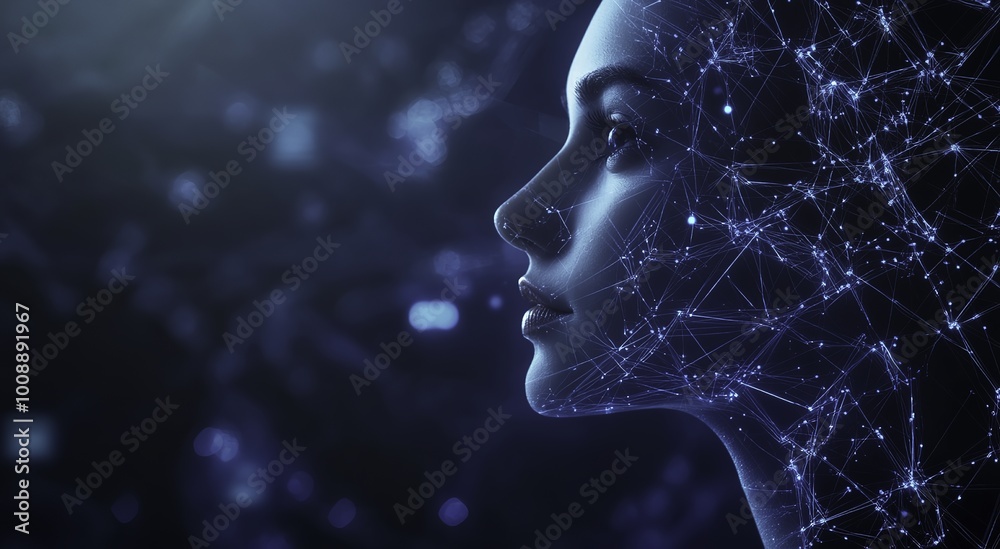Profile of a Digital Human with Glowing Connections and Data Streams, Representing Artificial Intelligence Concepts. Profile of a Digital Human with Glowing Connections and Data Streams, Representing Artificial Intelligence Concepts.