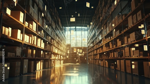 A spacious warehouse filled with stacked boxes and illuminated by sunlight.