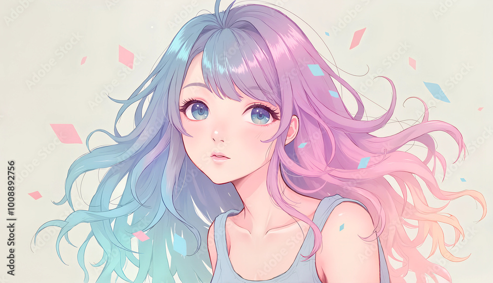 Thoughtful girl with pastel-colored hair and soft flowing strands against a muted background Thoughtful girl with pastel-colored hair and soft flowing strands against a muted background