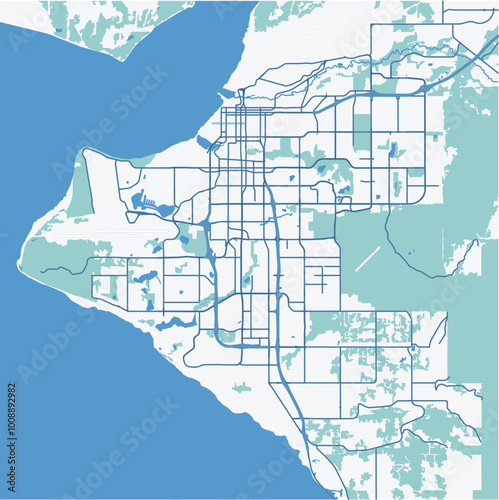 Map of Anchorage in Alaska in a professional blue style. Contains layered vector with roads water, parks, etc.