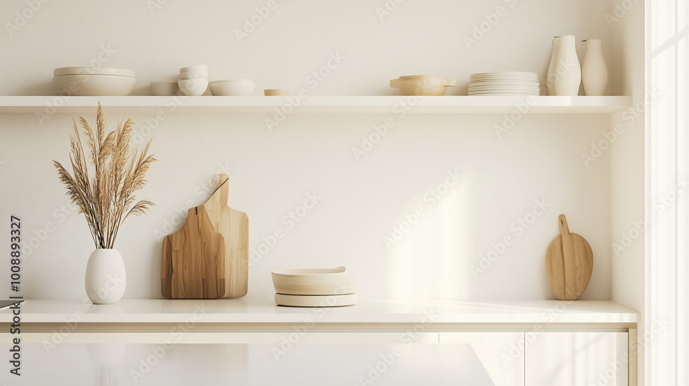 Bright minimalist kitchen with clean white countertops and a single, elegant vase in muted tones. Open shelves and uncluttered space Bright minimalist kitchen with clean white countertops and a single, elegant vase in muted tones. Open shelves and uncluttered space