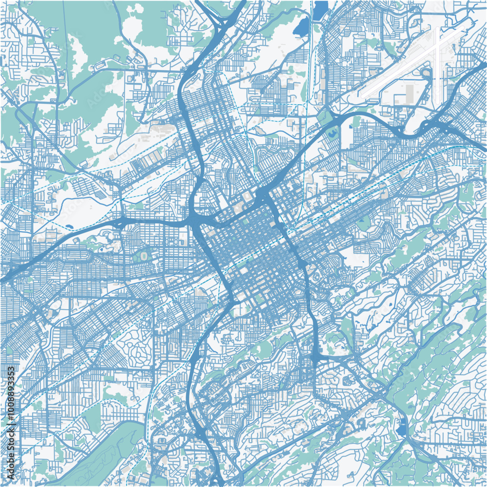 Map of Birmingham in Alabama in a professional blue style. Contains layered vector with roads water, parks, etc.