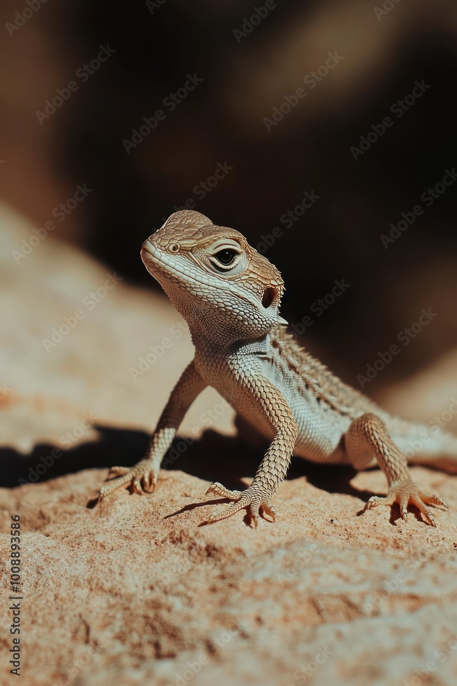 A close-up of a lizard perched on a rock, showcasing its unique features and colors. A close-up of a lizard perched on a rock, showcasing its unique features and colors.