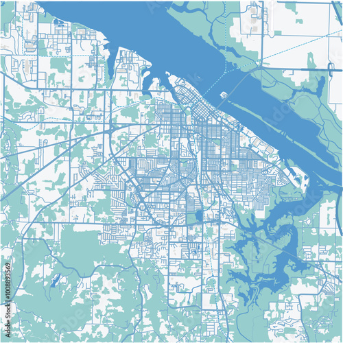 Map of Decatur in Alabama in a professional blue style. Contains layered vector with roads water, parks, etc.