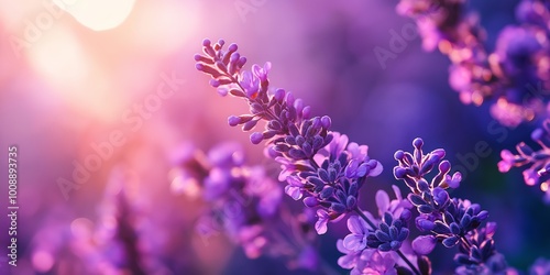 Bright lavender blossoms beautifully illuminated by warm sunlight creating a soft focus floral dreamscape. #1008893735