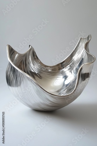 A beautifully crafted silver bowl with elegant curves reflects a minimalist style, highlighting modern craftsmanship. photo