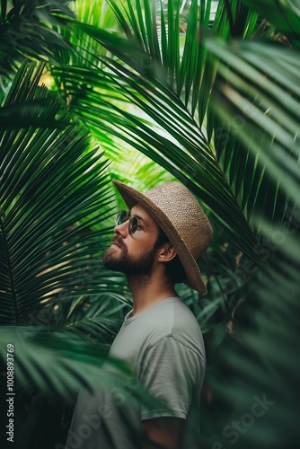 A bearded man, wearing a straw hat and sunglasses, explores a dense palm jungle.