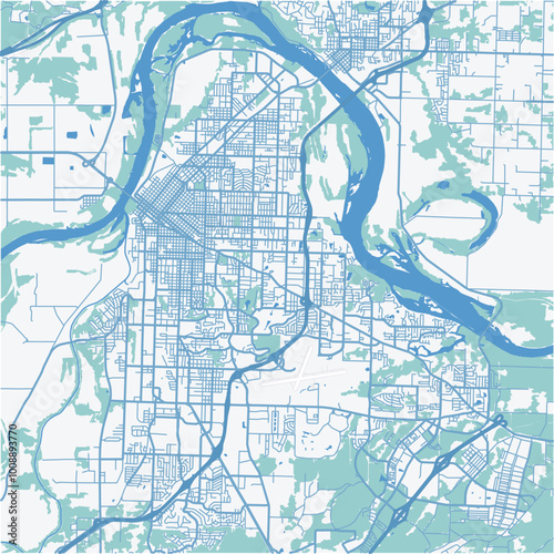 Map of Fort Smith in Arkansas in a professional blue style. Contains layered vector with roads water, parks, etc.