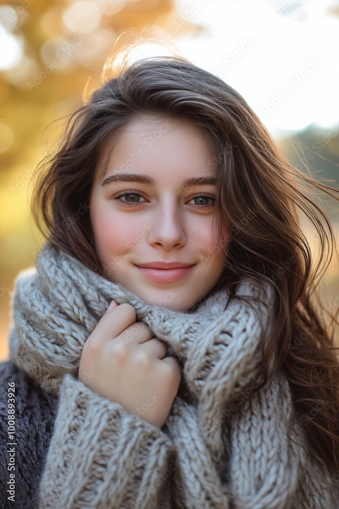A young woman bundled in a warm scarf enjoys a colorful autumn afternoon outdoors. A young woman bundled in a warm scarf enjoys a colorful autumn afternoon outdoors.