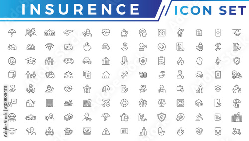 Insurance icons as insurance cover, home injury, accidental insurance. Insurance thin line icons set