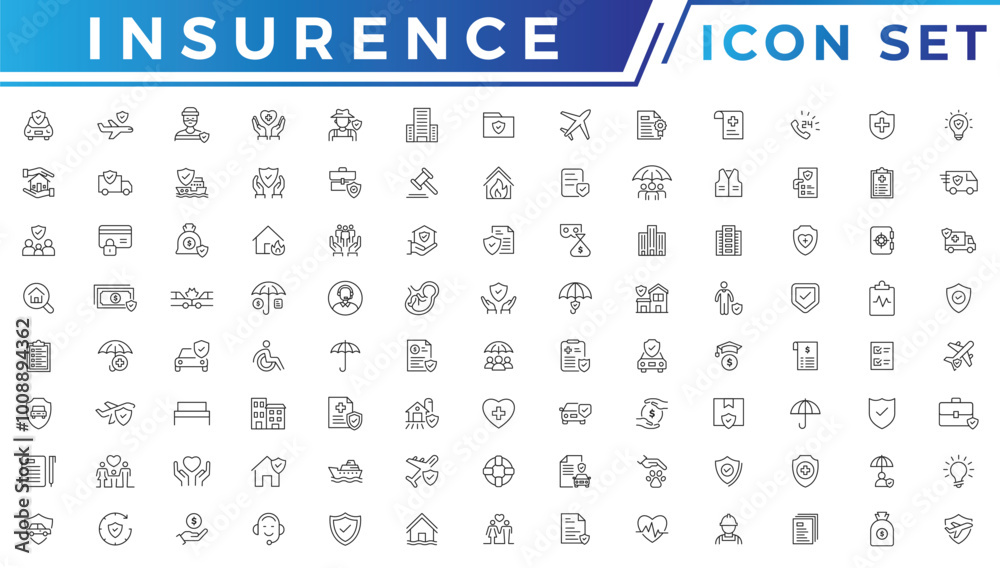 Insurance icons as insurance cover, home injury, accidental insurance. Insurance thin line icons set Insurance icons as insurance cover, home injury, accidental insurance. Insurance thin line icons set