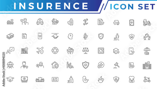 Insurance icons as insurance cover, home injury, accidental insurance. Insurance thin line icons set