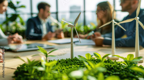 A group of investors discussing green energy strategies, focusing on long-term returns and the environmental impact of sustainable energy sources.