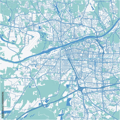 Map of Tuscaloosa in Alabama in a professional blue style. Contains layered vector with roads water, parks, etc.