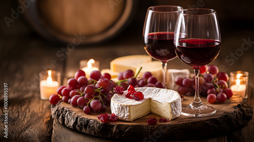 Two glasses of red wine, a cheese platter with grapes and a wedge of cheese, and candles on a wooden table.