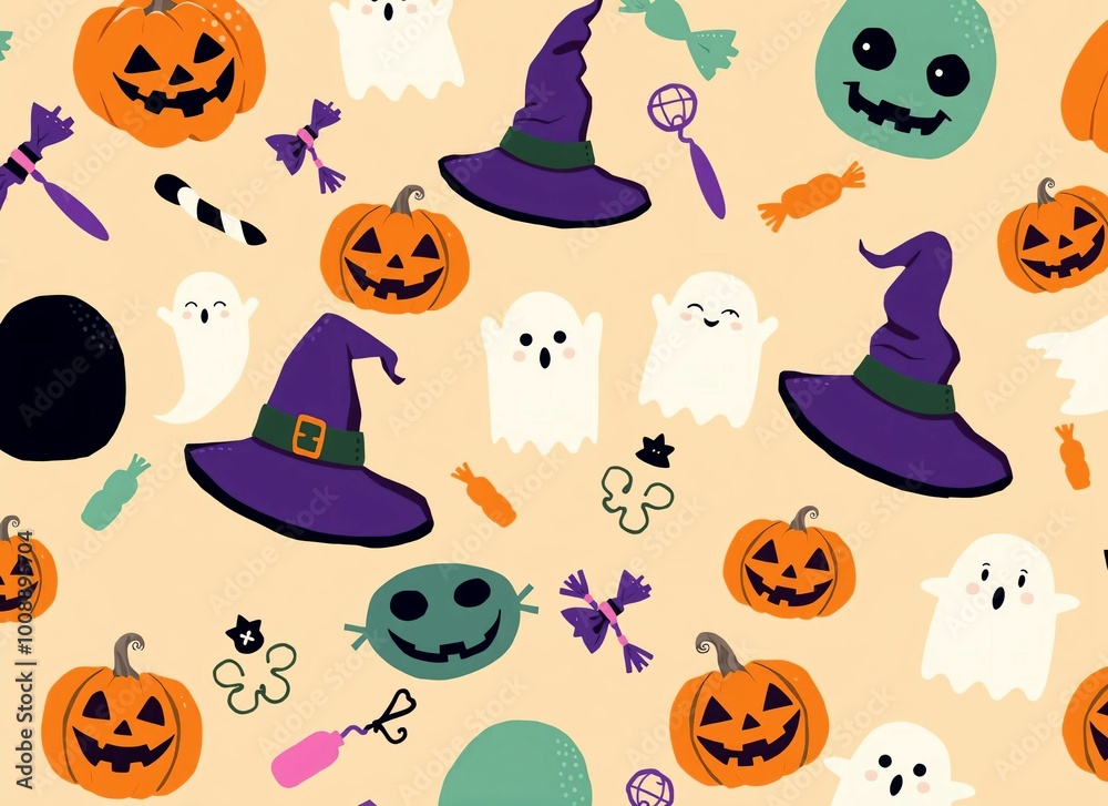 Illustration of Halloween items scattered on a light orange background