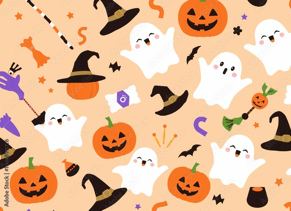 Illustration of Halloween items scattered on a light orange background