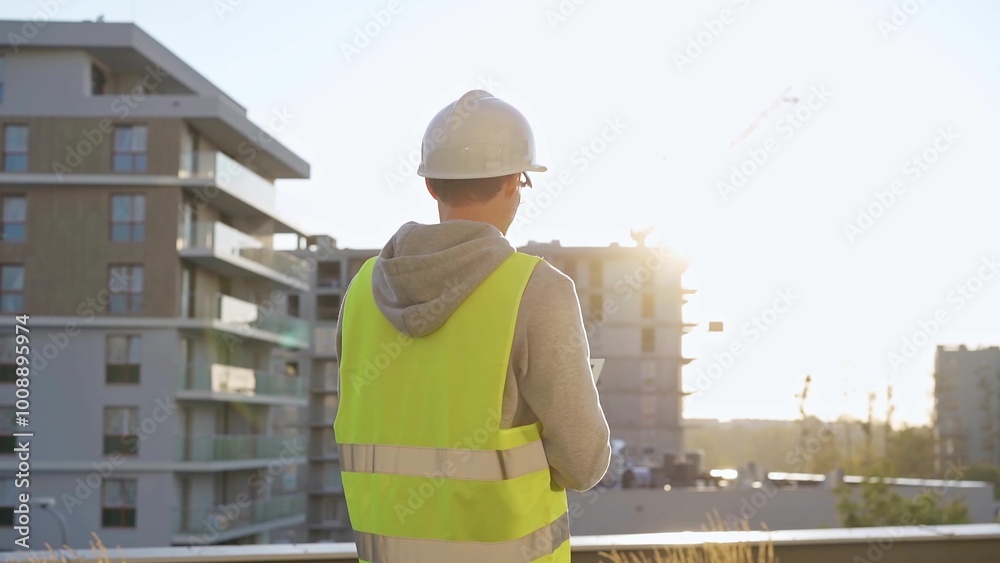 Male engineer with white hard hat and safety vest is using a tablet computer while inspecting a construction site at sunset Male engineer with white hard hat and safety vest is using a tablet computer while inspecting a construction site at sunset