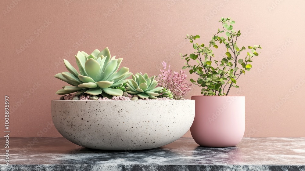 Succulent plants in decorative pots on a minimalist surface.