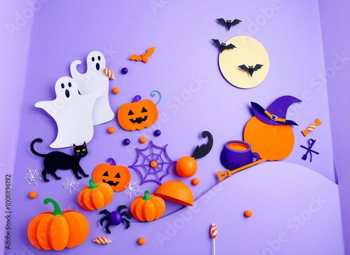 Fun Halloween Scene with Pumpkins, Ghosts, and Black Cat - Autumn Paper Craft Illustration