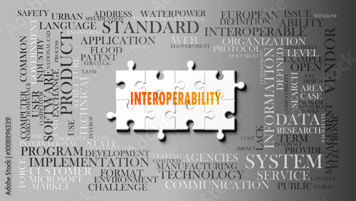 Interoperability as a complex subject, related to important topics. Pictured as a puzzle and a word cloud made of most important ideas and phrases related to interoperability. ,3d illustration photo