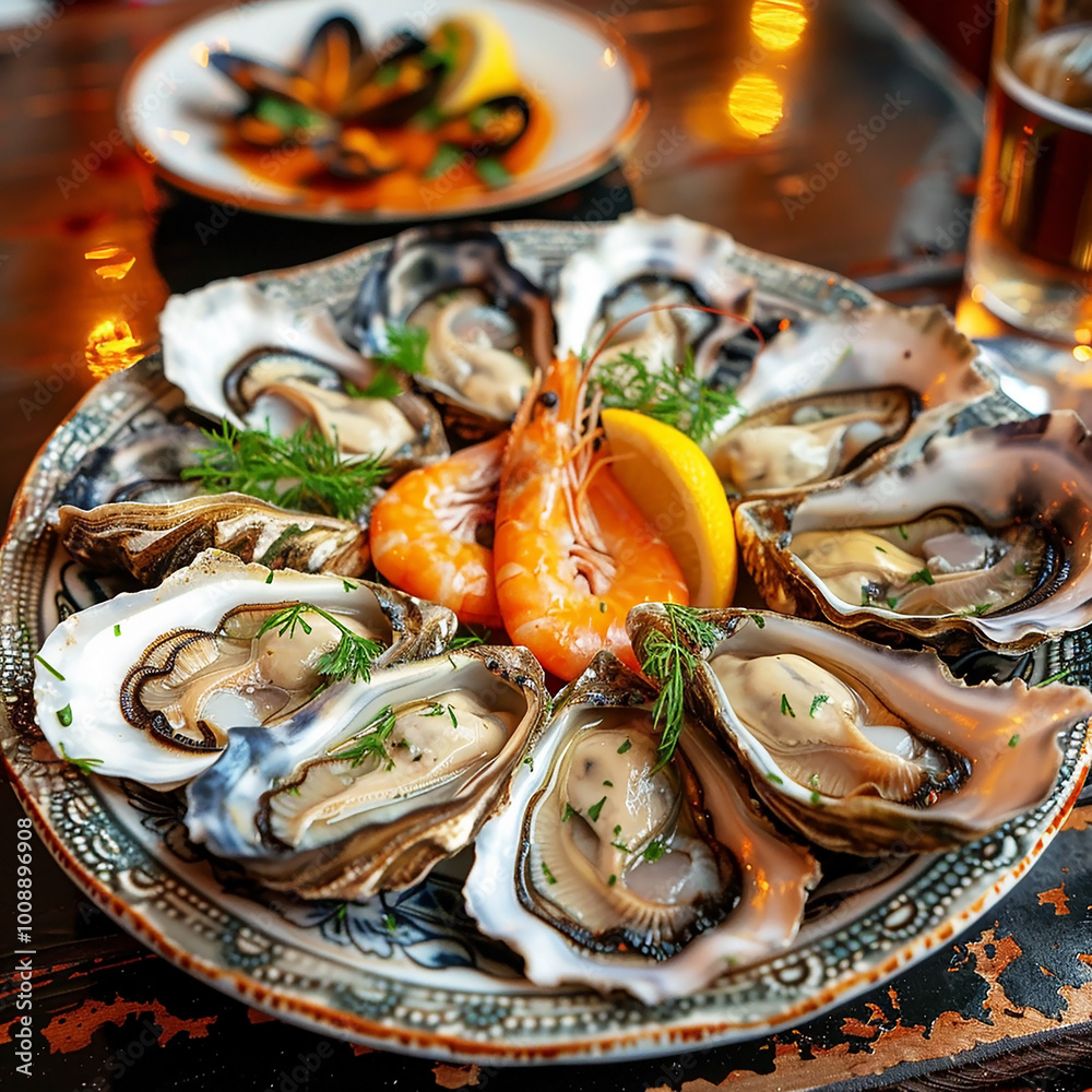 Delicious natural shrimp, mussels and oysters on a decorative plate Delicious natural shrimp, mussels and oysters on a decorative plate