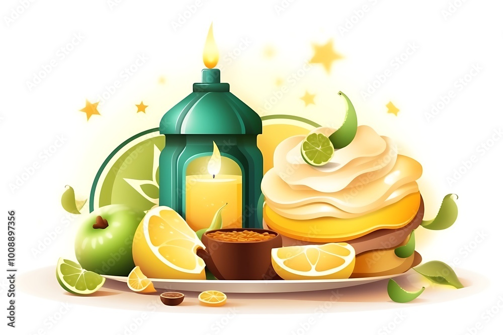 Islamic Eid cute lantern and fruit. Seasoning and crescent moon and vector Illustration White background.
Islamic Eid cute lantern and fruit. Seasoning and crescent moon and vector Illustration White background.
