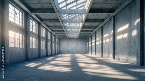 Sunbeams Illuminating an Empty Concrete Hallway