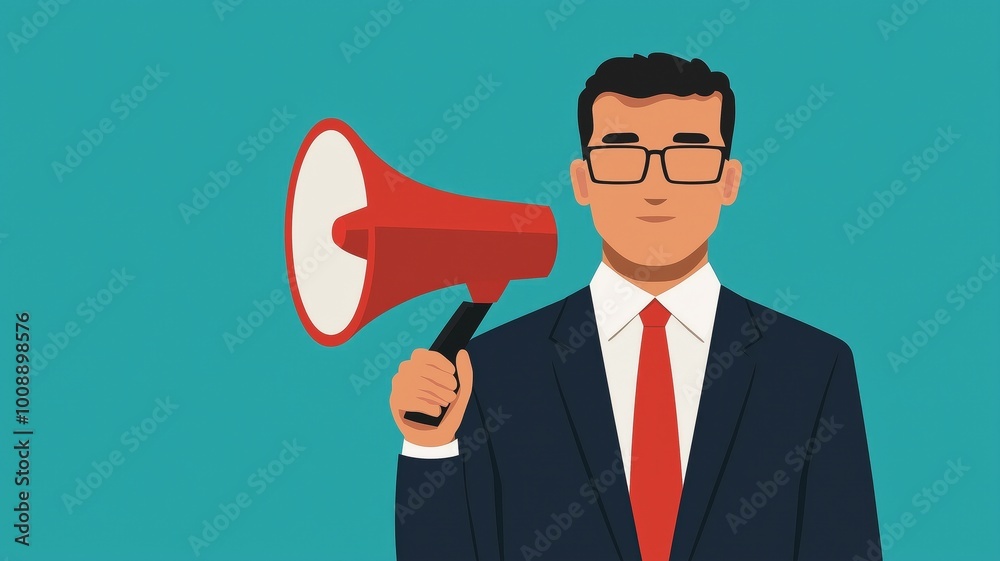 A confident businessman holding a megaphone, ready to deliver a message. The background is a vibrant teal, enhancing the focus on the figure and his powerful stance. A confident businessman holding a megaphone, ready to deliver a message. The background is a vibrant teal, enhancing the focus on the figure and his powerful stance.